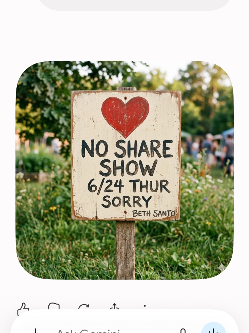 No share show thur 6/24 sorry see you following week!! Off to beach with kids!!!